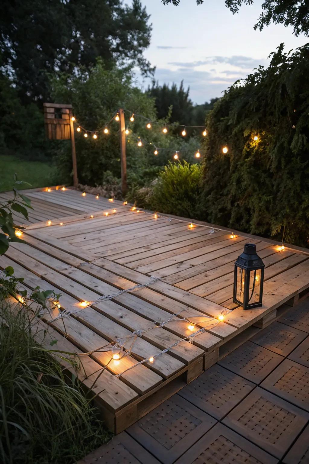 Transform your evenings with a handcrafted pallet deck illuminated by enchanting string lights.