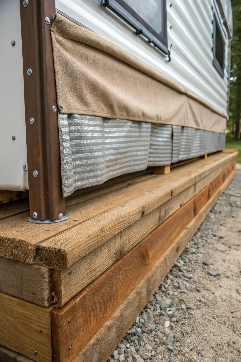 Elevate your RV style with a textured pallet skirting that blends rugged charm and refined craftsmanship.