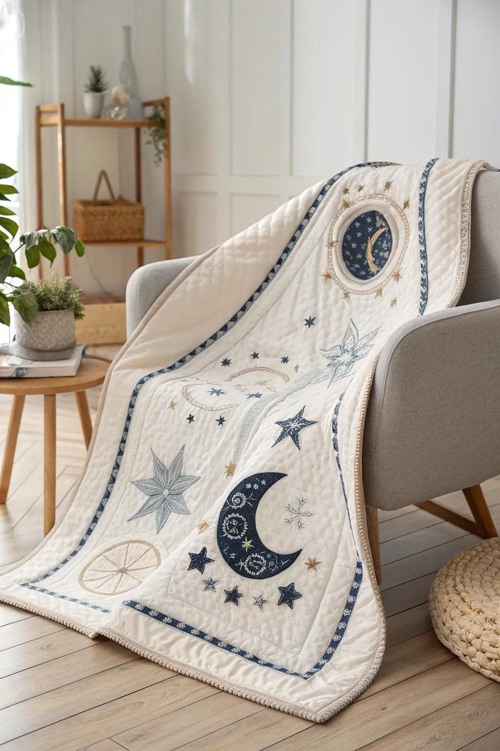 Embrace the night sky with this stunning celestial quilt—perfect for dreamers and stargazers alike.