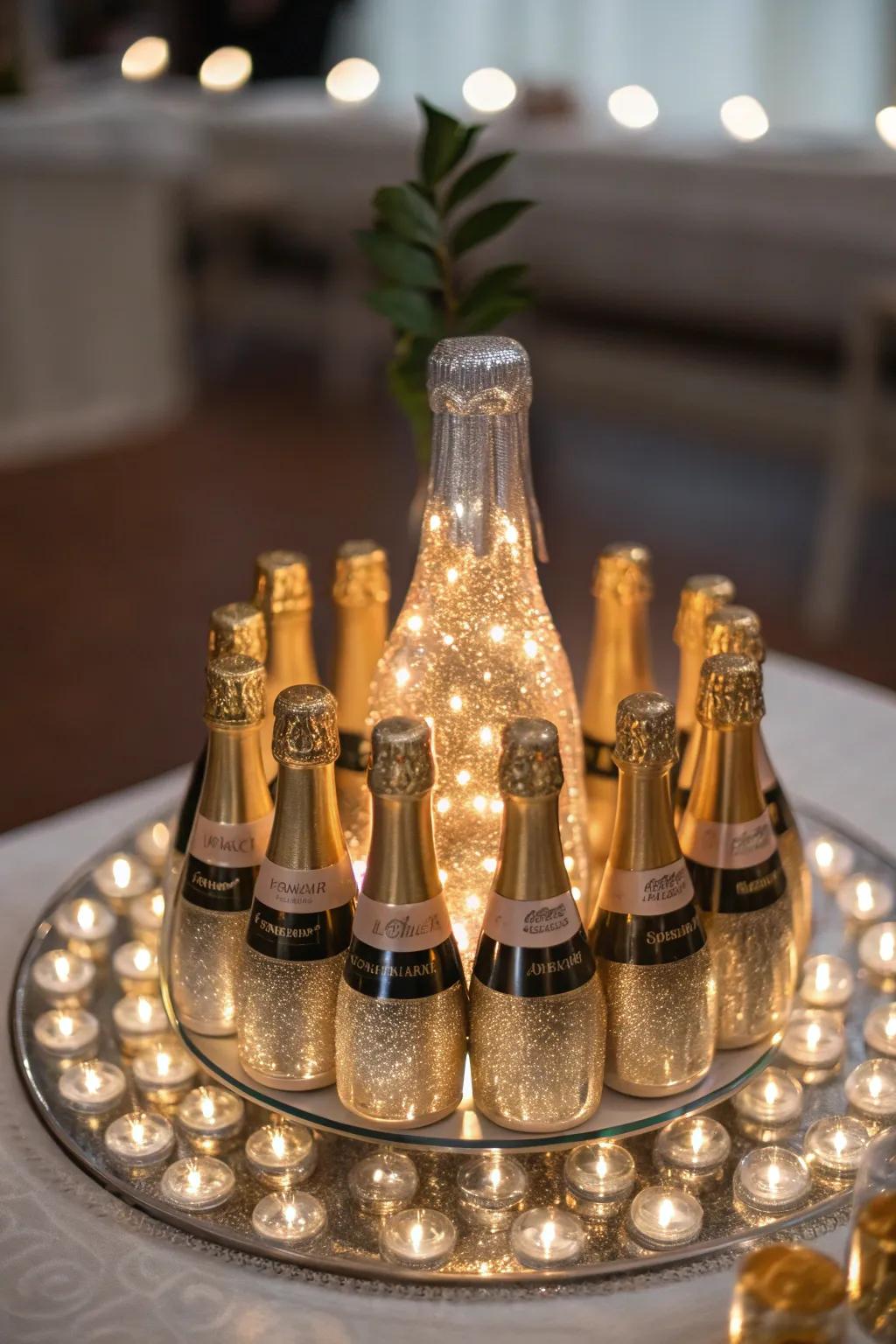 A festive centerpiece featuring mini champagne bottles.