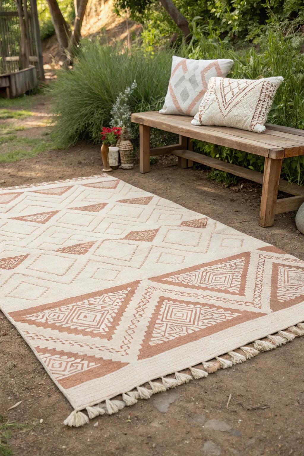 Transform bare spaces with elegant outdoor rugs for a touch of Scandinavian simplicity and boho charm.