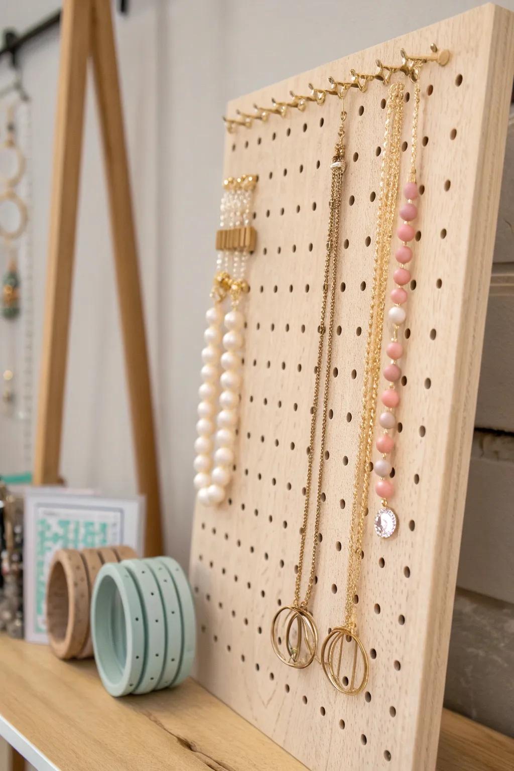 Transform your space with a minimalist pegboard jewelry display, beautifully organized by color for a touch of elegance and simplicity.