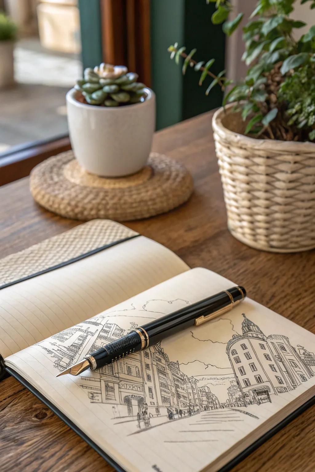 Capture city life with a sleek pen and ink sketch – where simplicity meets urban creativity.