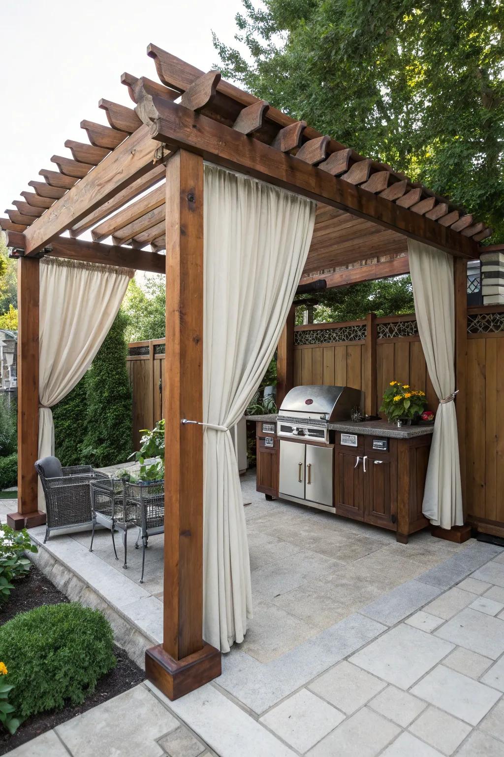 Transform your grilling space into a private oasis with elegant pergola curtains.