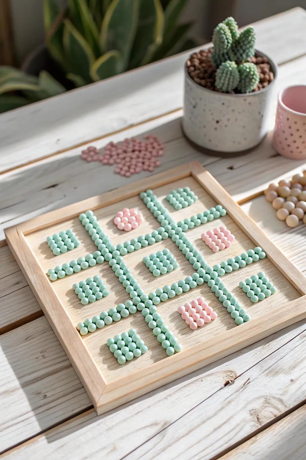 Elevate your game nights with this charming Perler bead tic tac toe board, where minimalist design meets playful elegance.