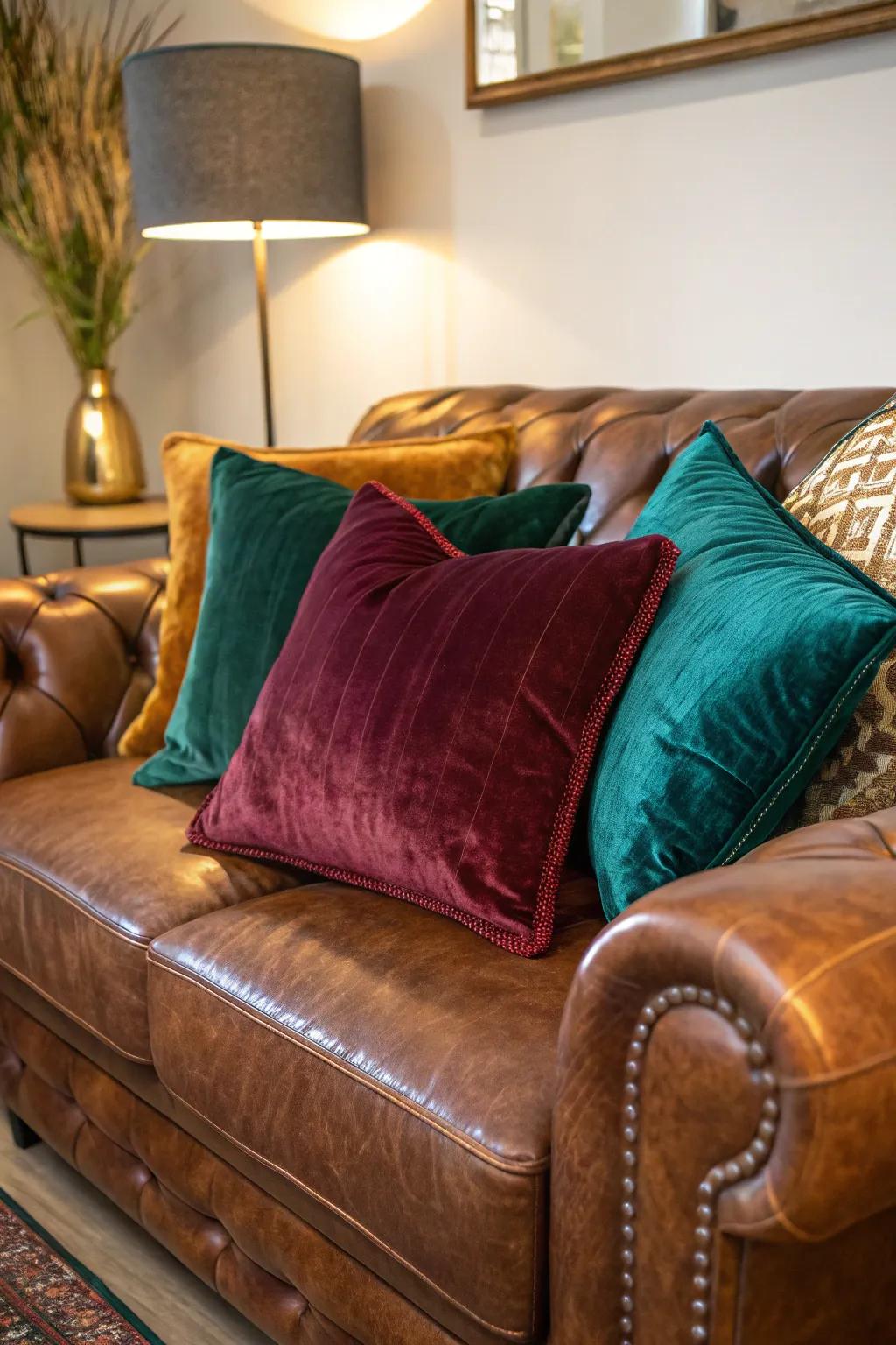 Velvet pillows provide luxurious comfort and elegance to a leather couch.