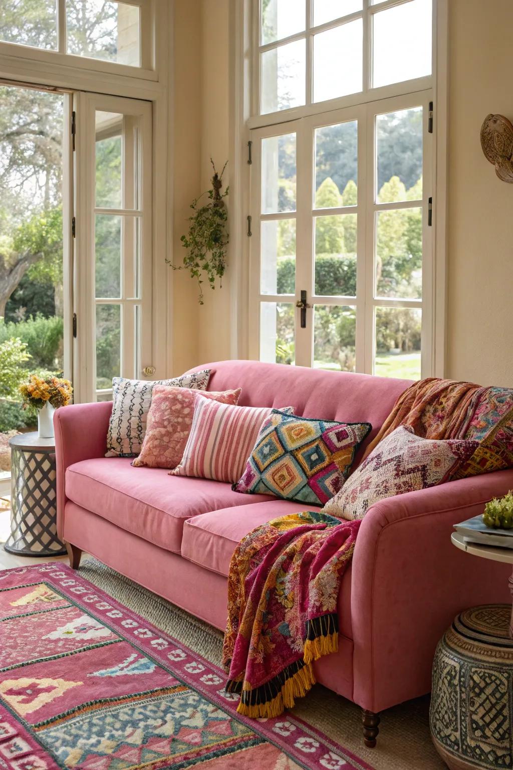 Mixing patterns can add energy and personality to a pink couch setting.