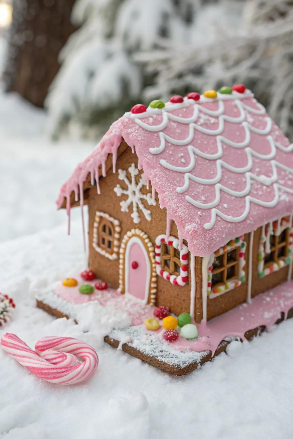 A gingerbread house with a modern dripping pink glaze.