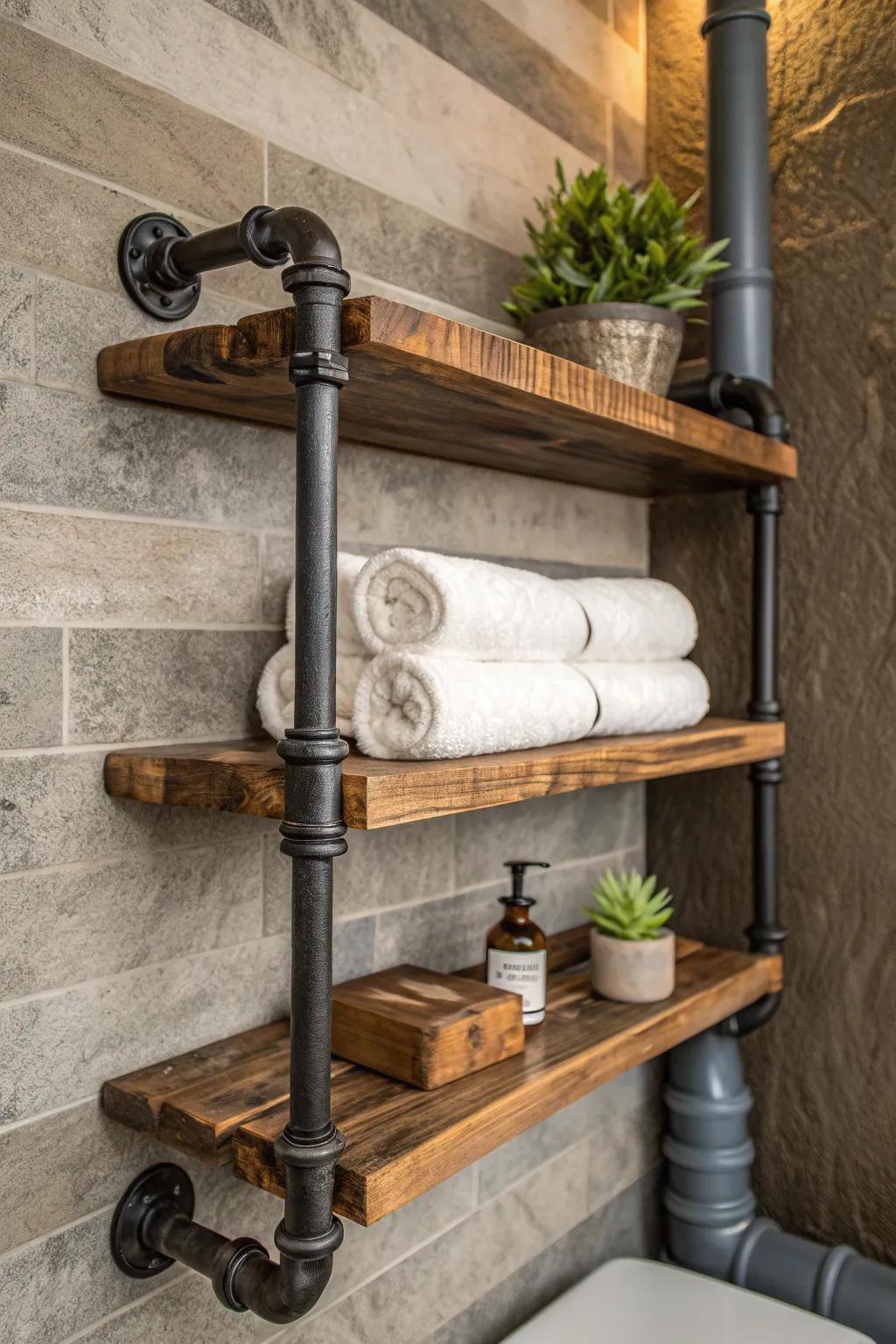 Elevate your bathroom with the timeless charm of rustic pipe shelving.
