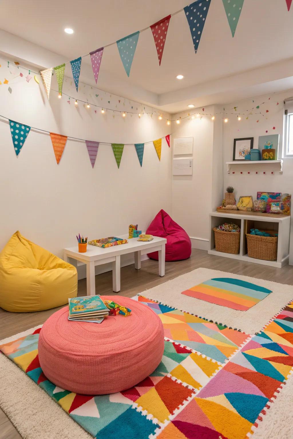 Accent rugs add color and define play zones.