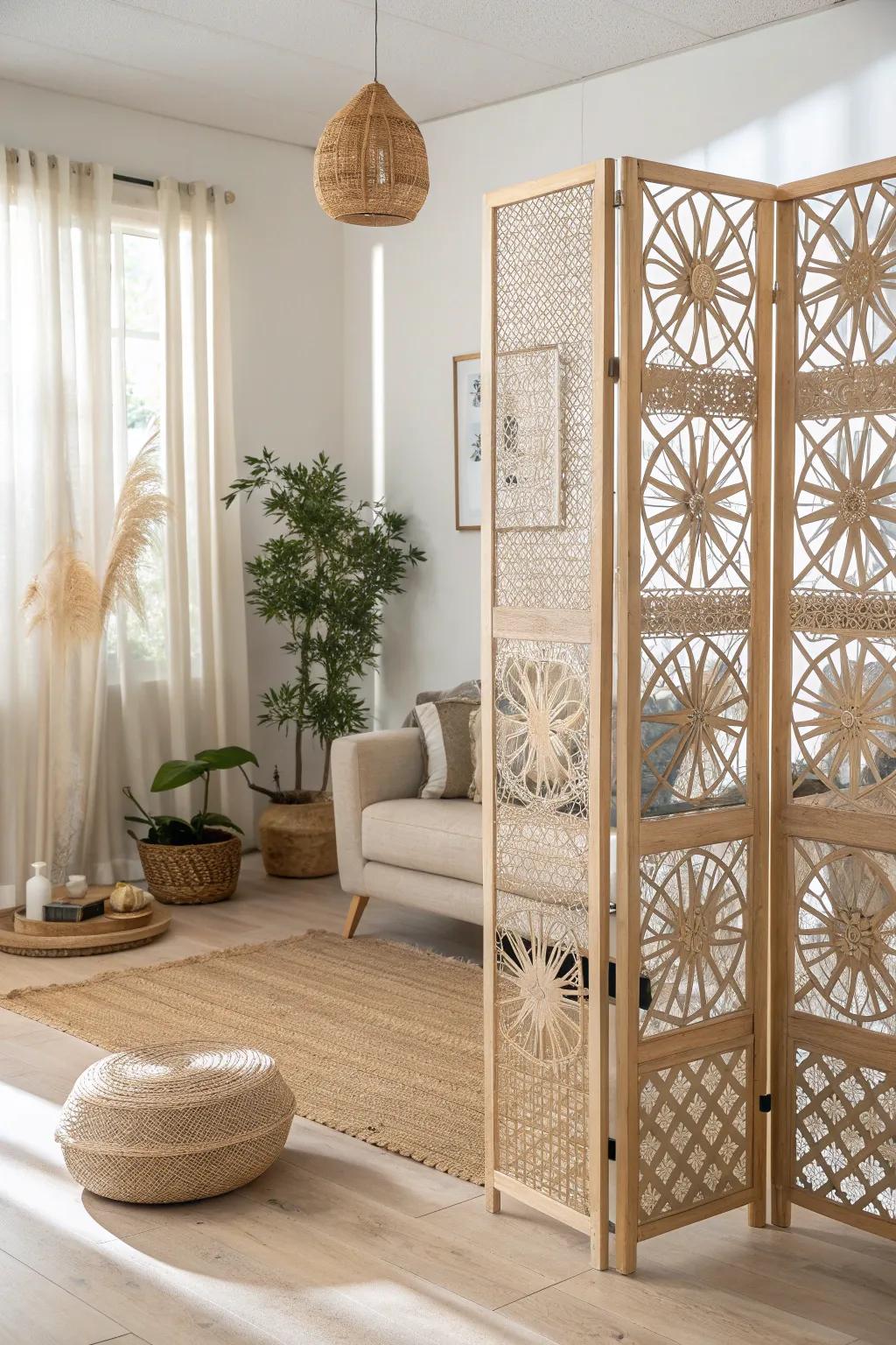 Elevate your space with an artistic plywood room divider – where functionality meets minimalist elegance.