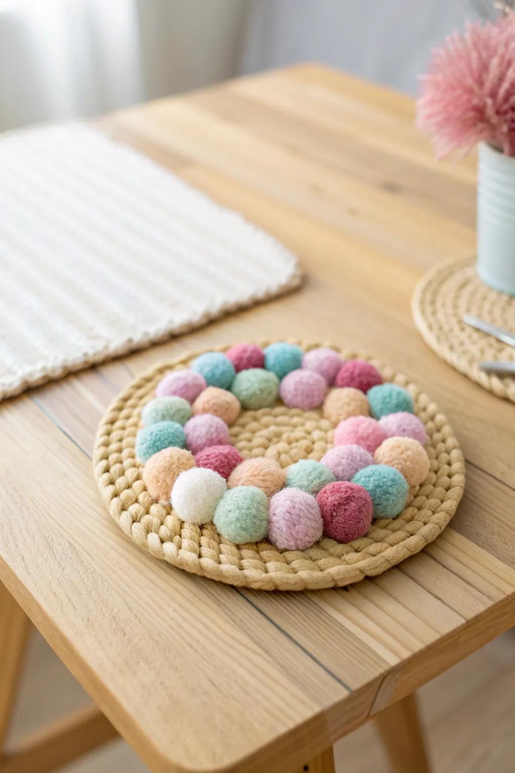 Brighten your table with a splash of color and craftsmanship: Pom Pom Coasters.