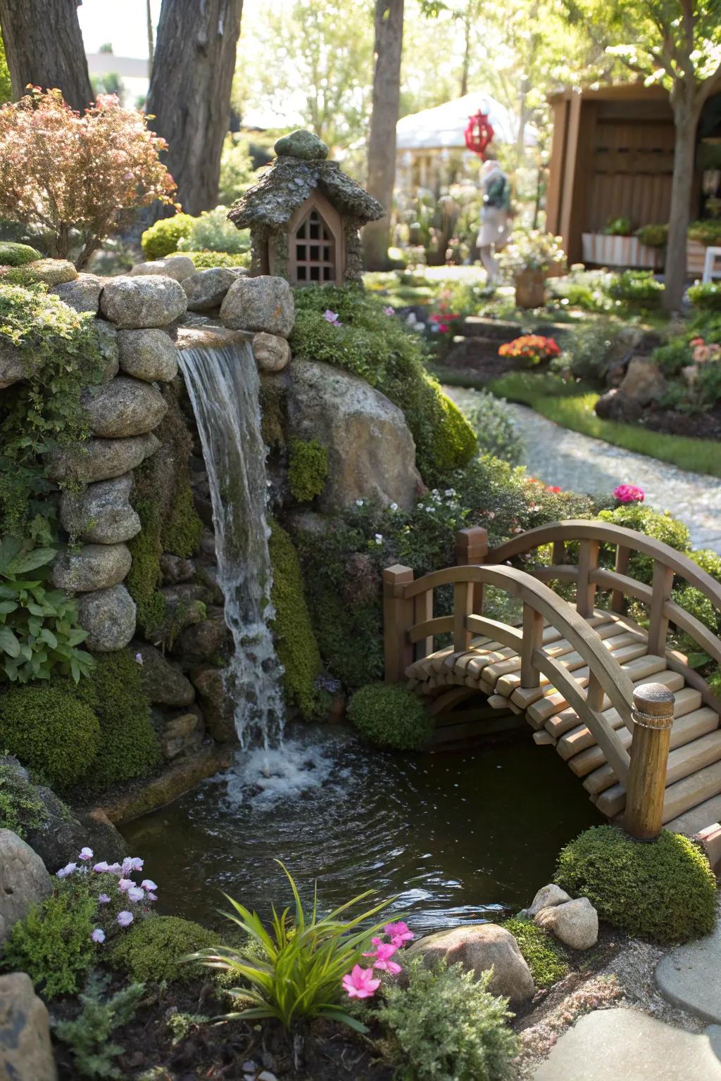 Immerse yourself in the enchanting beauty of a handcrafted fairy garden waterfall.