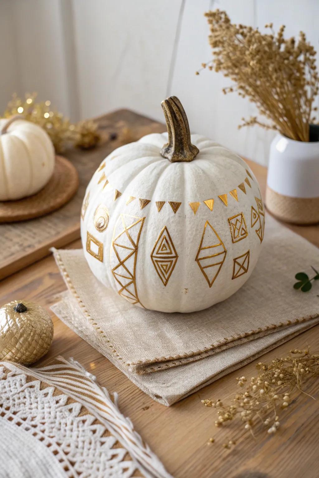 Elevate your autumn decor with chic geometric gold accents on a minimalist pumpkin. Perfect for a touch of glam in Scandinavian style.