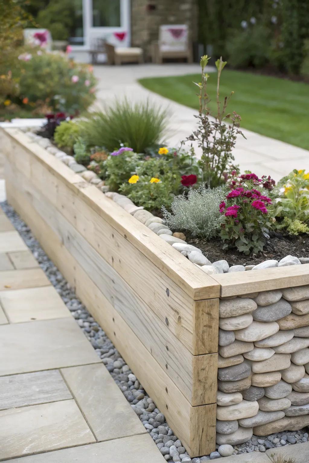 Elevate your garden style with a chic mix of wood and stone in your raised flower bed. Discover the art of blending materials!