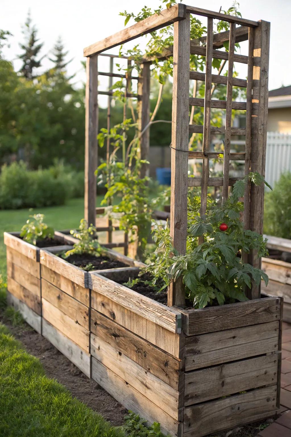 Elevate your garden with a pallet bed and trellis – where craftsmanship meets nature.