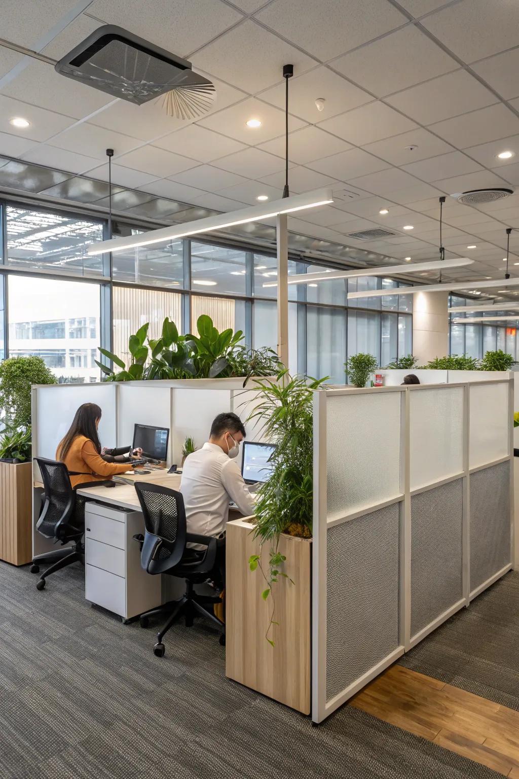 Privacy-friendly work areas with creative use of dividers.