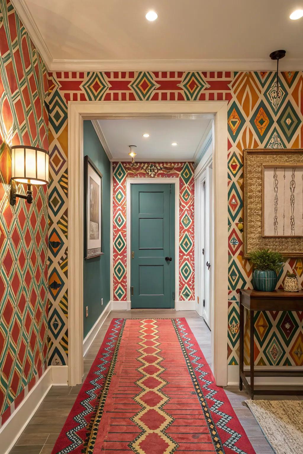 Bold patterns create depth and visual interest in the entryway.