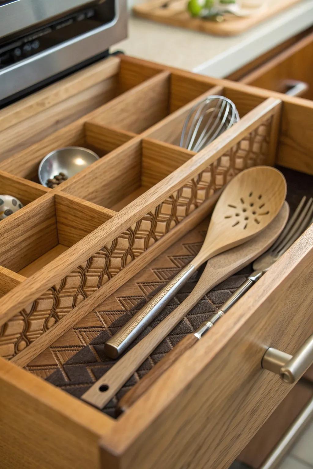 Craftsmanship meets functionality: Transform blind slats into stylish drawer dividers for an organized kitchen.