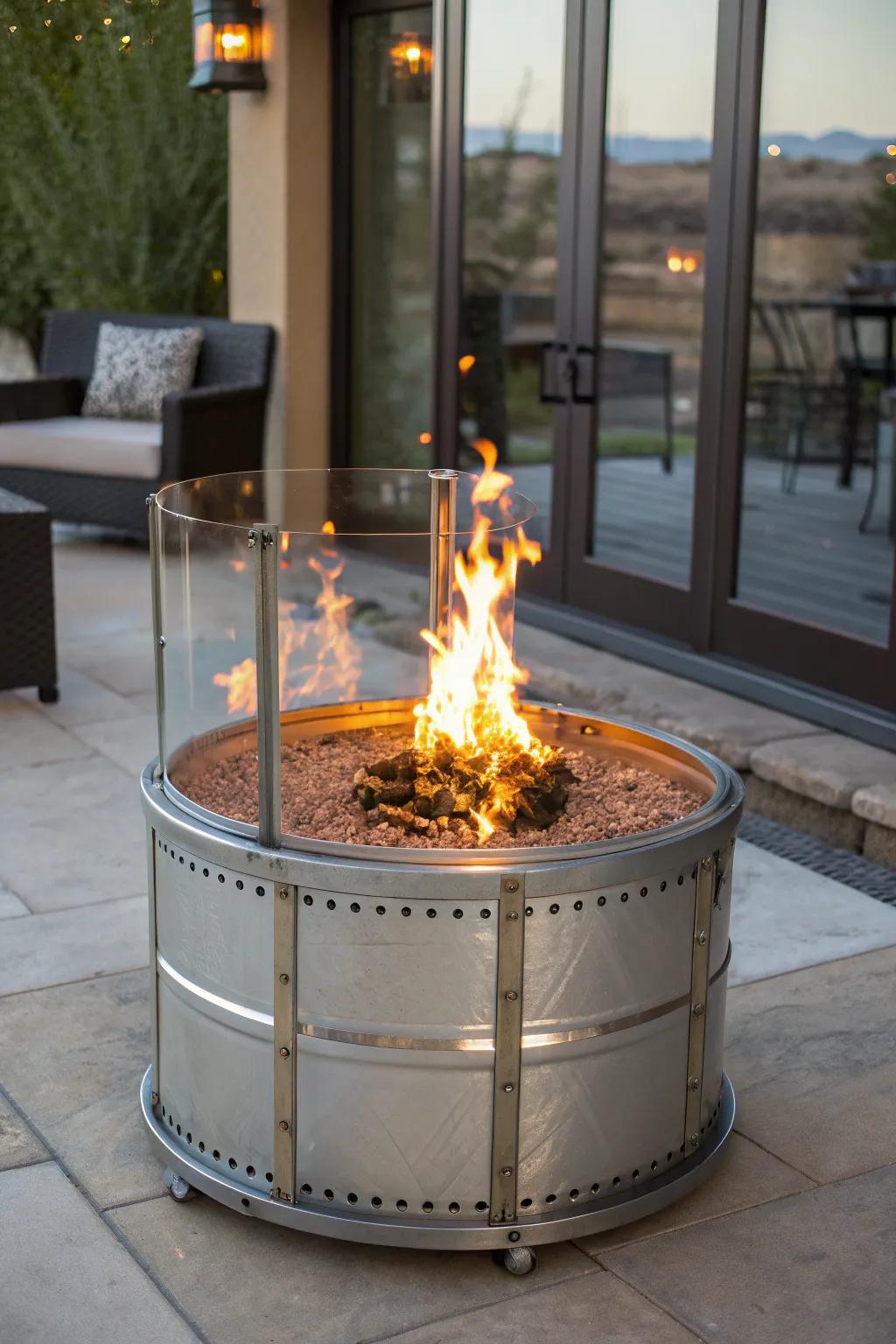 Witness the flames in style with this modern glass-panel fire pit, a masterpiece of craftsmanship.