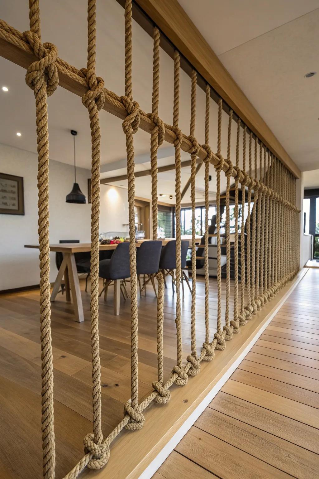Elevate your open-plan living with artistically crafted indoor rope railings. #Craftsmanship #InteriorDesign