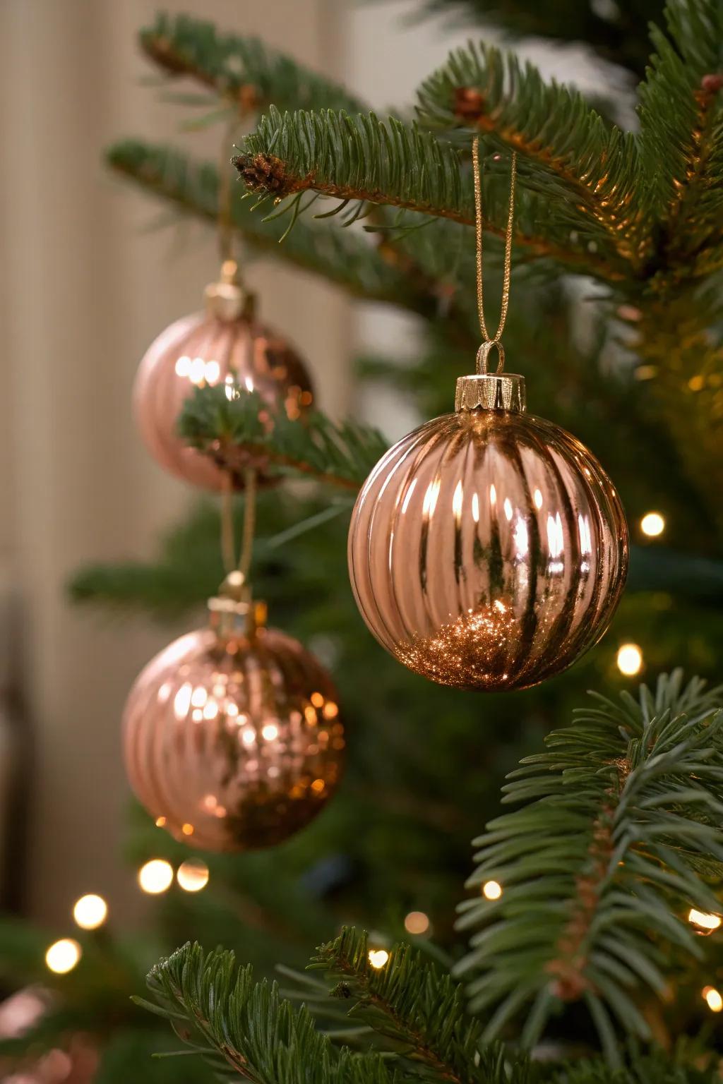 Rose gold mercury glass ornaments add a vintage touch.