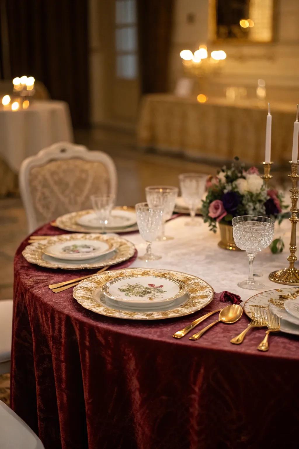 Indulge in vintage glam with a luxurious tablecloth choice.