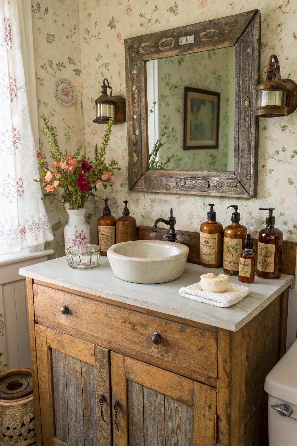 A rustic bathroom vanity with vintage accessories and decor.