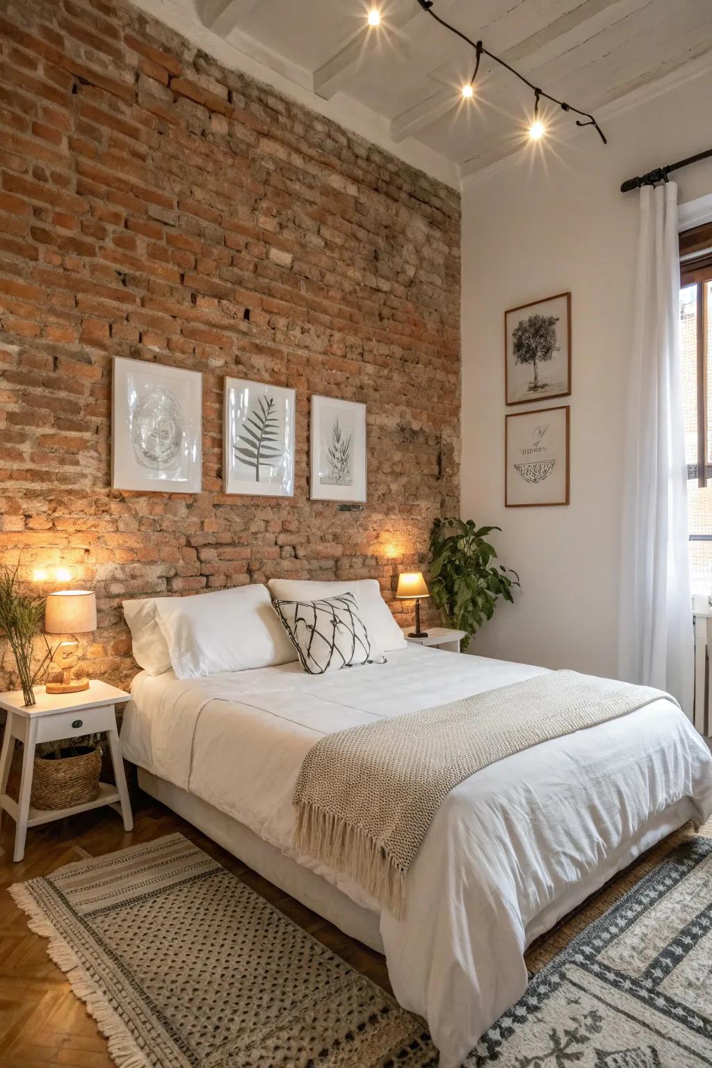 Crisp white elements creating a fresh contrast with the rustic brick wall.