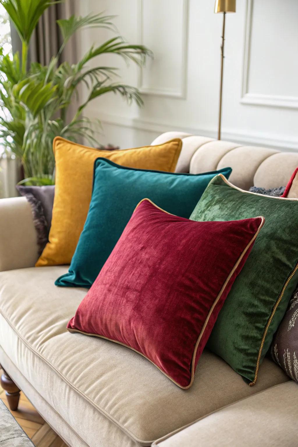 Velvet throw pillows add texture and depth to this seating area.