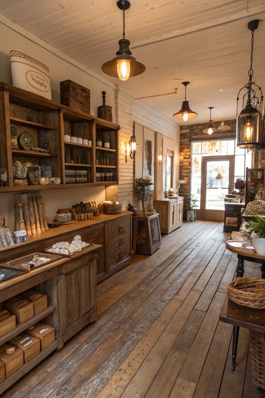 Reclaimed wood flooring adds timeless character to this rustic shop.