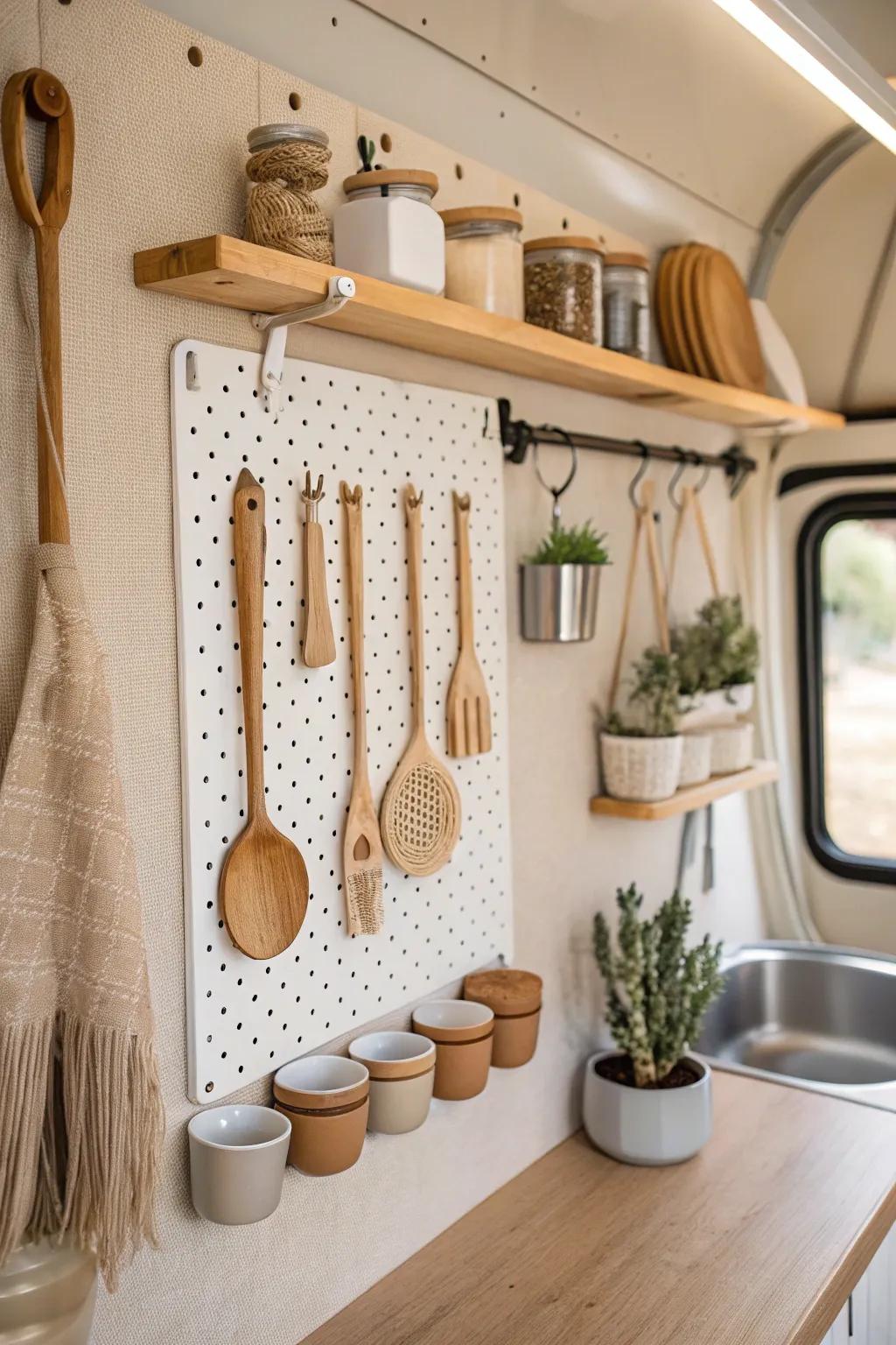 Transform your RV kitchen with a chic and functional pegboard – the perfect blend of minimalist style and boho charm!