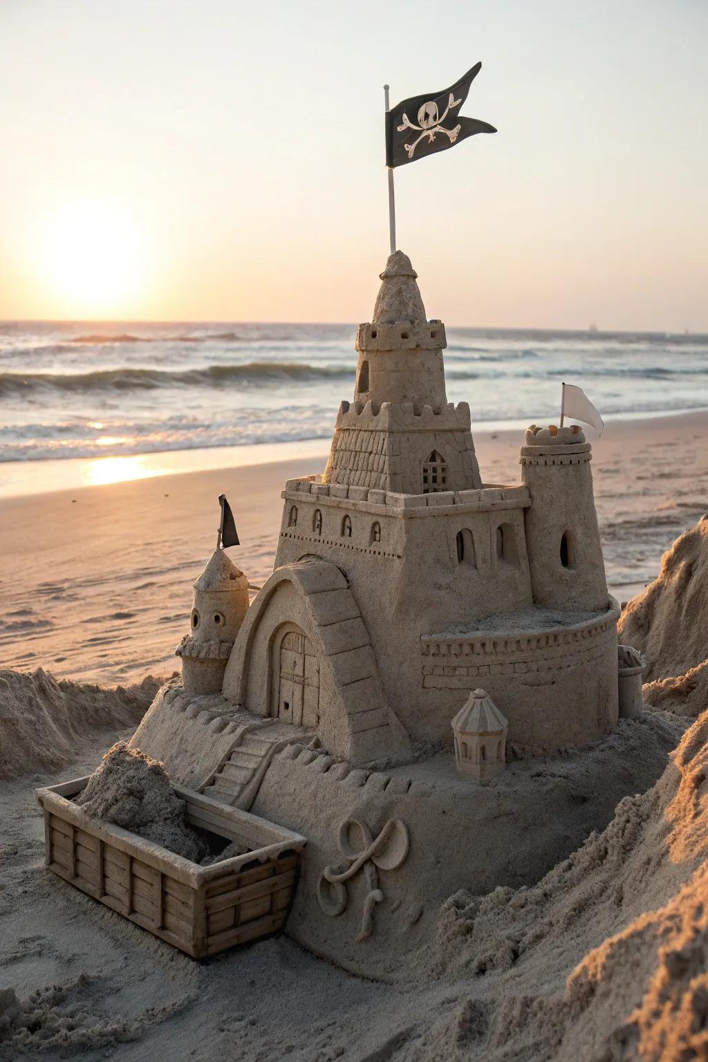 Unleash your inner adventurer with this enchanting pirate-themed sandcastle masterpiece!
