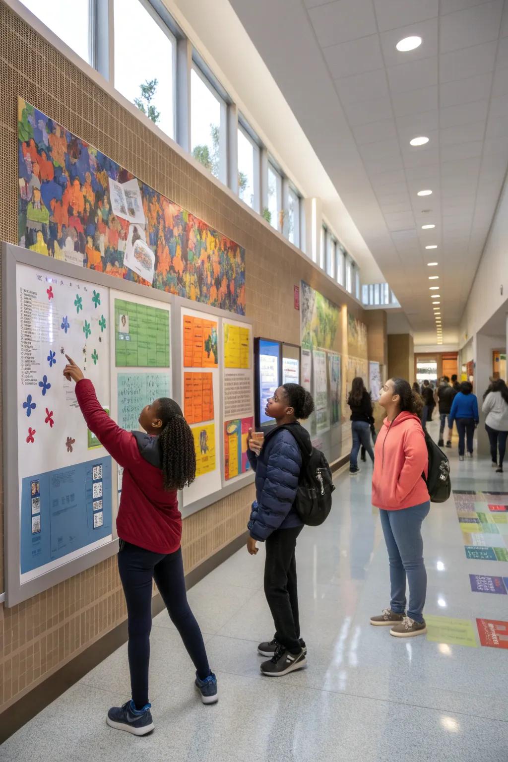 Interactive walls in a school lobby, engaging students in learning.