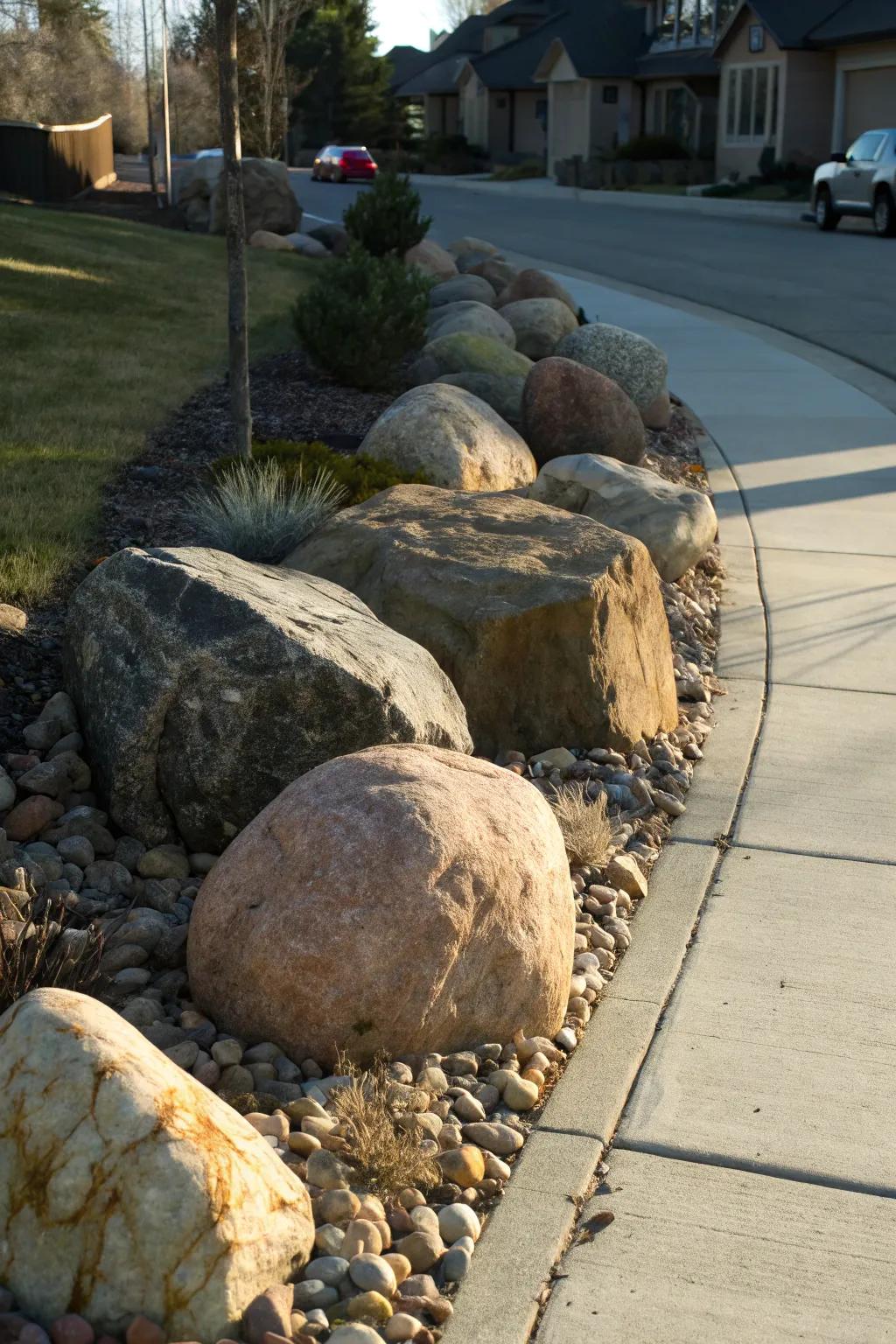 Embrace the rugged allure of nature with rustic boulder borders for a striking sidewalk edge.