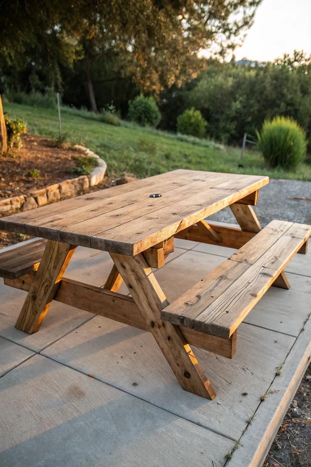 Embrace outdoor dining with rustic charm—perfect for family gatherings on your concrete patio.