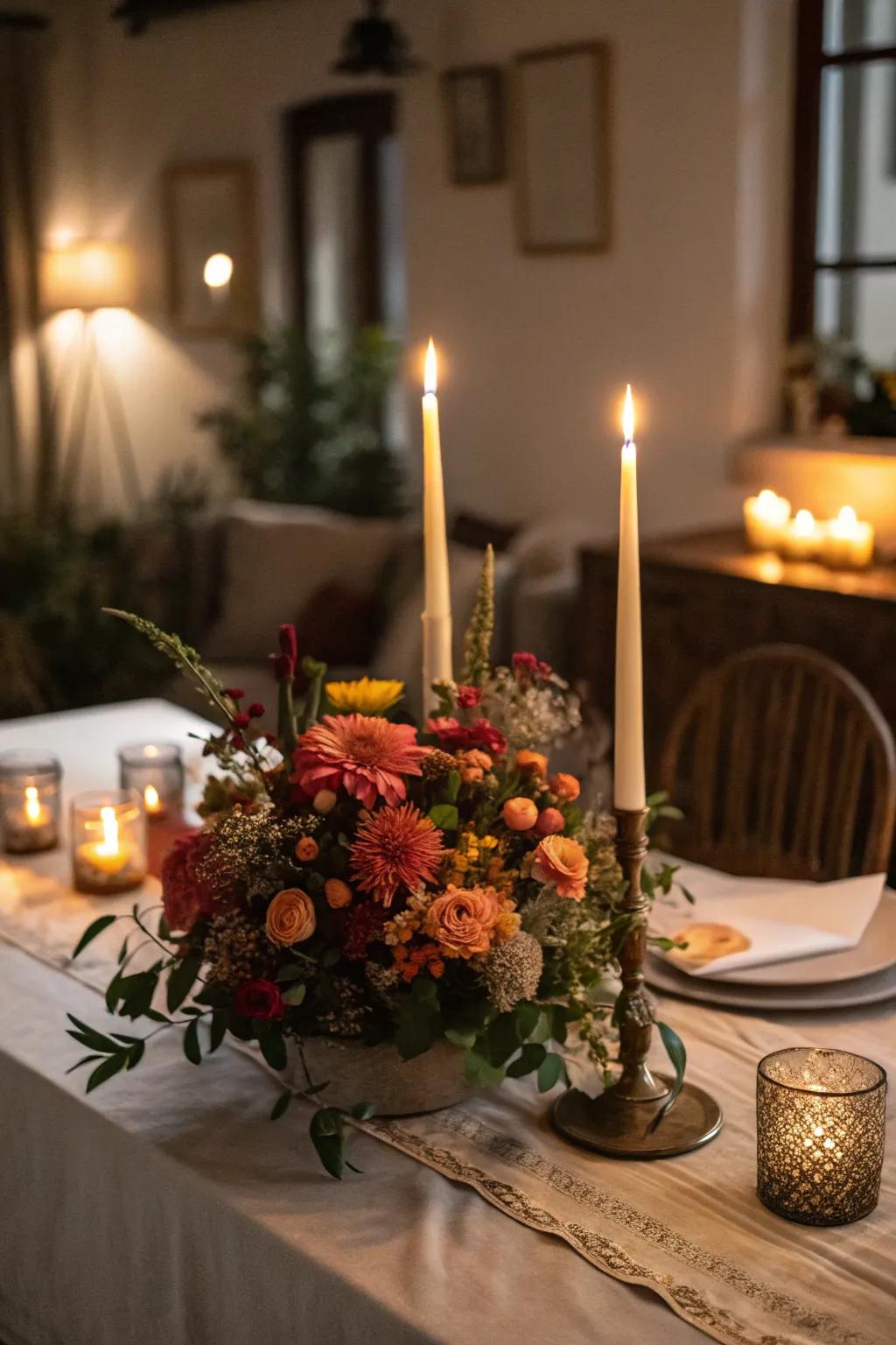 Taper candles and flowers create a magical evening glow.