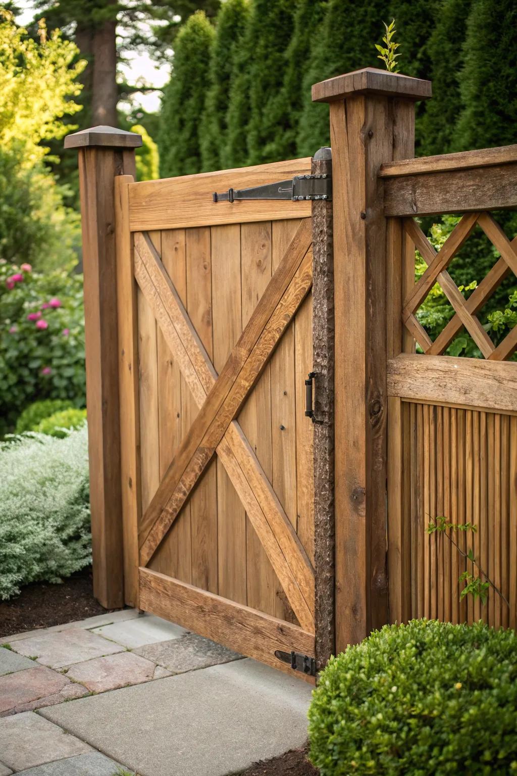 Embrace farmhouse charm with this rustic crossbuck gate design, perfect for adding character to any garden.