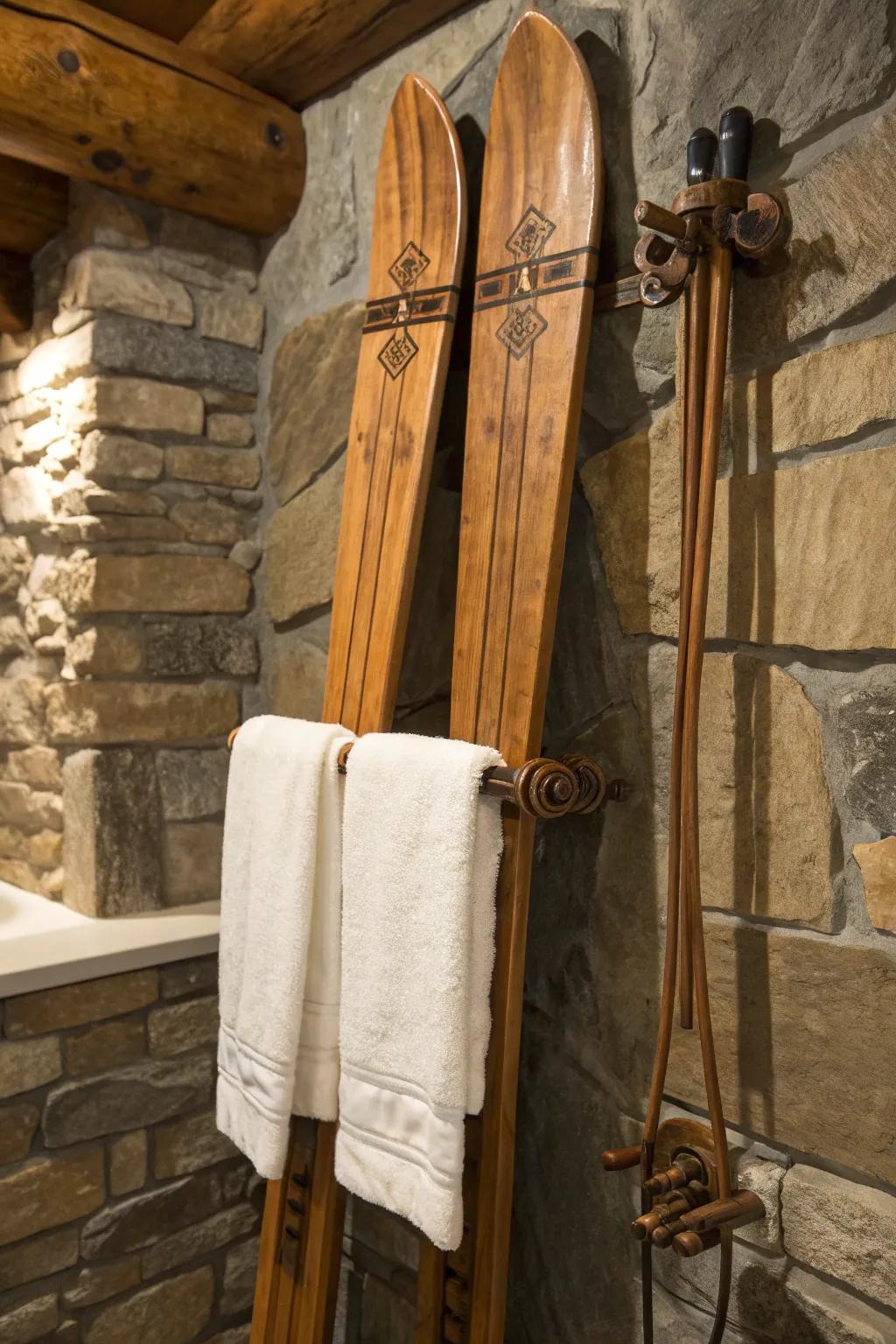 Transform your bathroom with a unique ski towel rack that combines function and style.