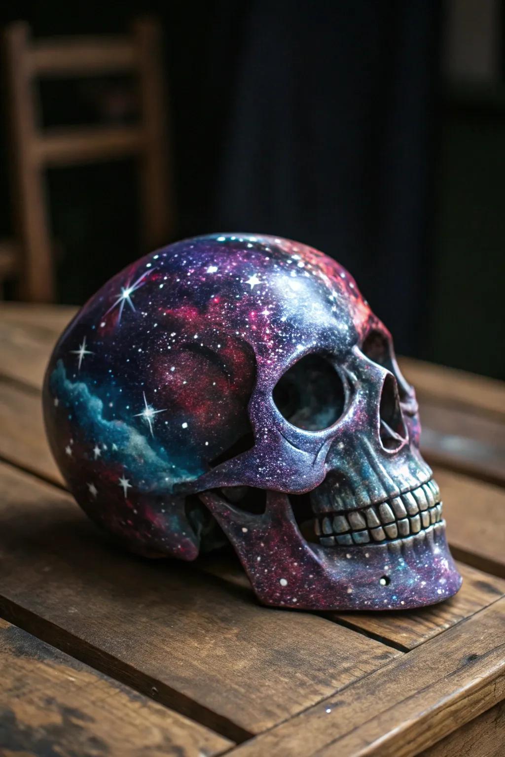 Discover the cosmos with this captivating galaxy-themed skull, where art meets the universe.