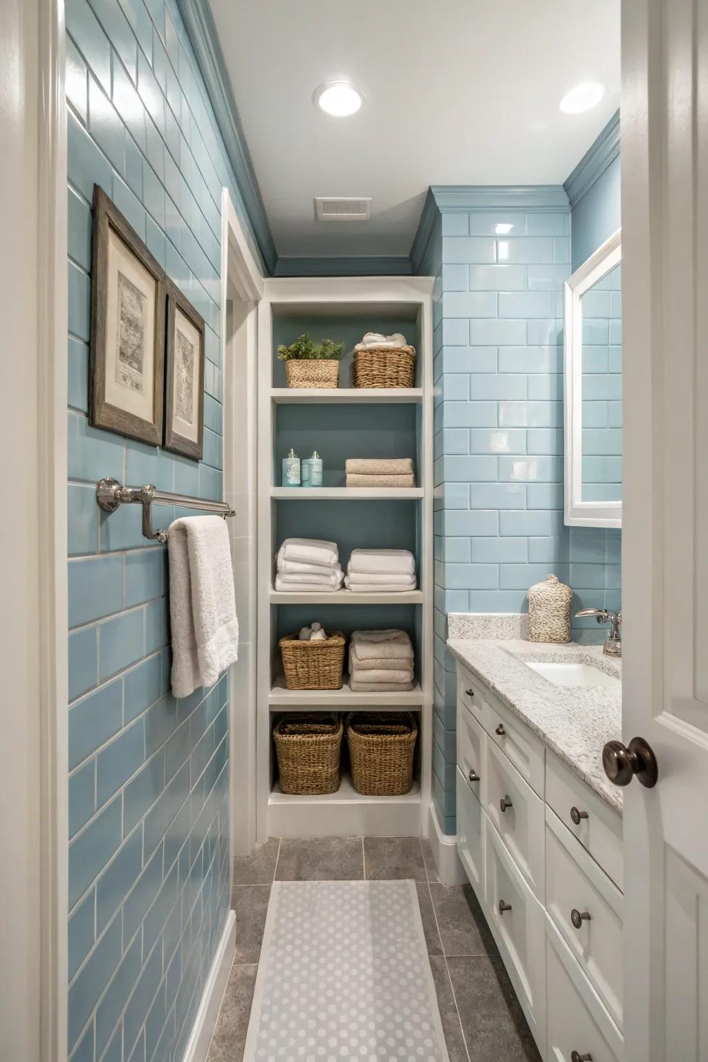 Consistent wall colors and built-in shelves maximize space in narrow bathrooms.
