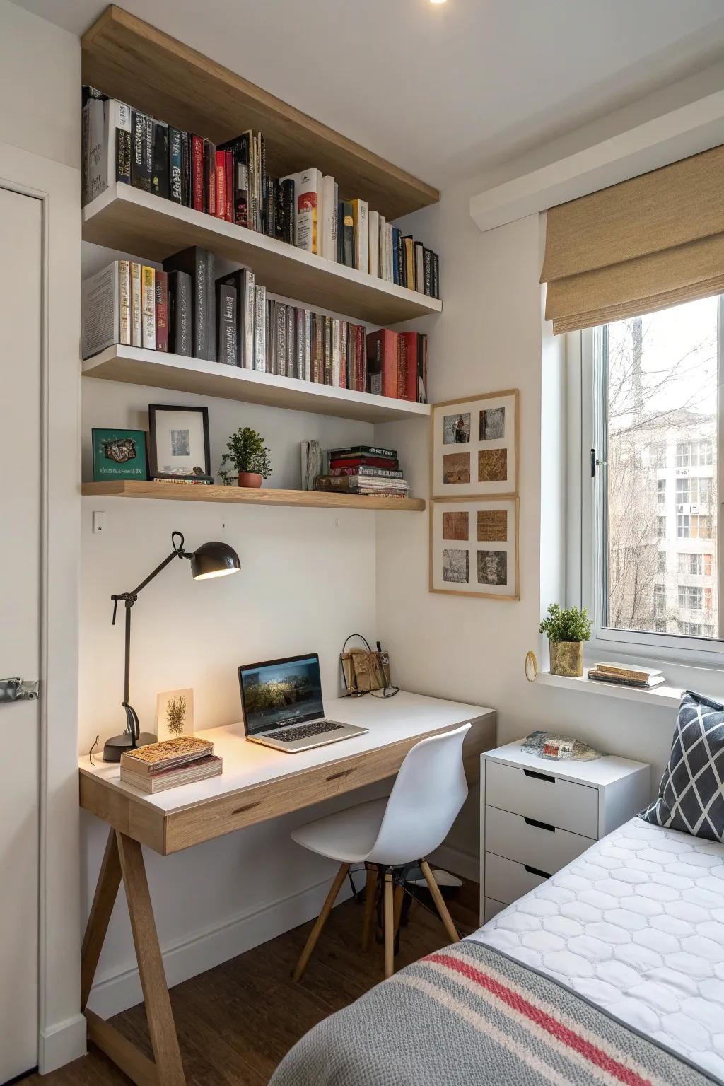 Vertical storage above a desk increases space efficiency.