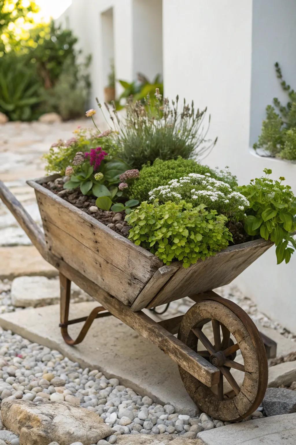Transform your outdoor space with a charming vintage wheelbarrow garden — where rustic meets elegance in perfect harmony.