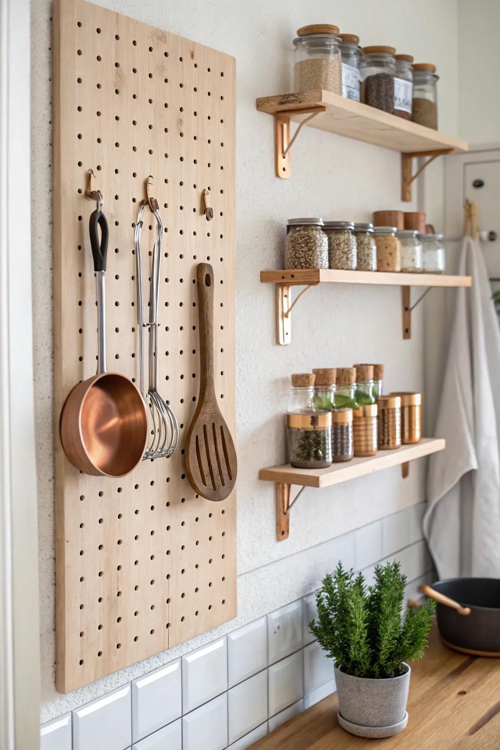 Elevate your kitchen space with a beautifully organized pegboard – the perfect blend of function and style.