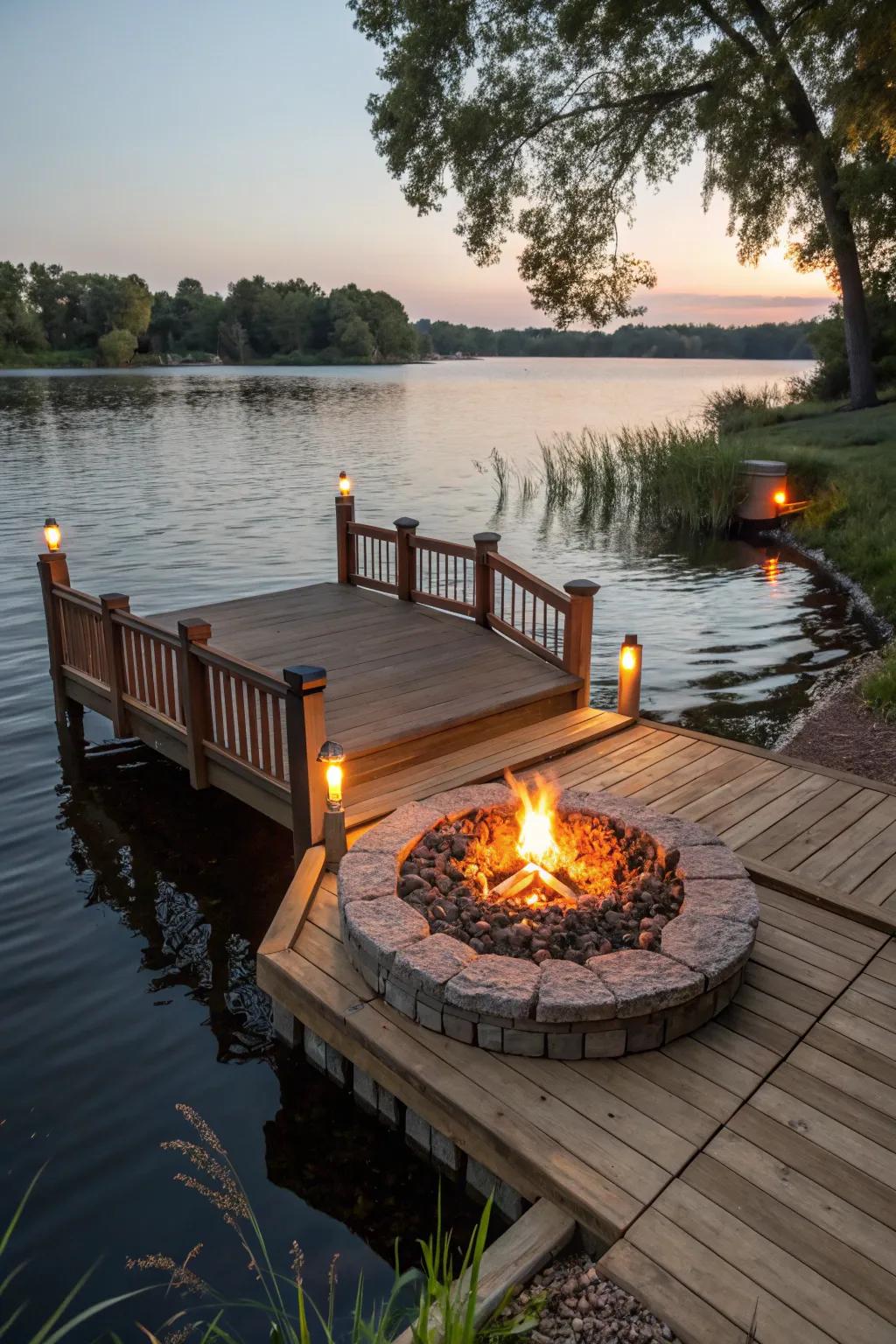 Transform your pond dock into the ultimate cozy retreat with a stunning fire pit centerpiece.