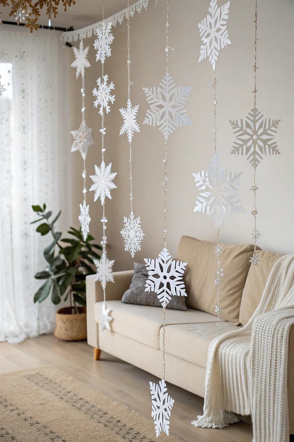 Transform your space into a winter wonderland with a handcrafted snowflake curtain backdrop.