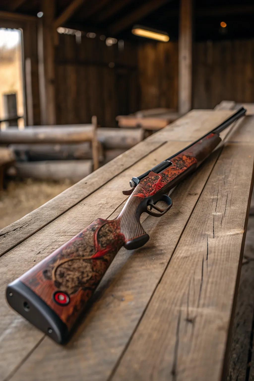 Embrace timeless craftsmanship with a rifle stock painted to perfection, capturing the rustic charm of aged barnwood.