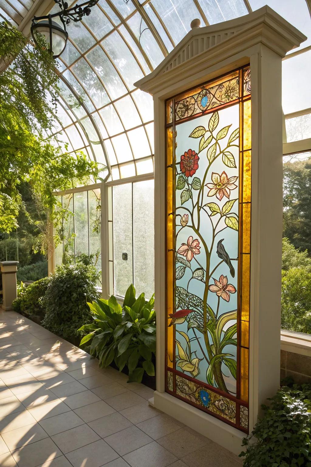 Nature-inspired stained glass for tranquility.