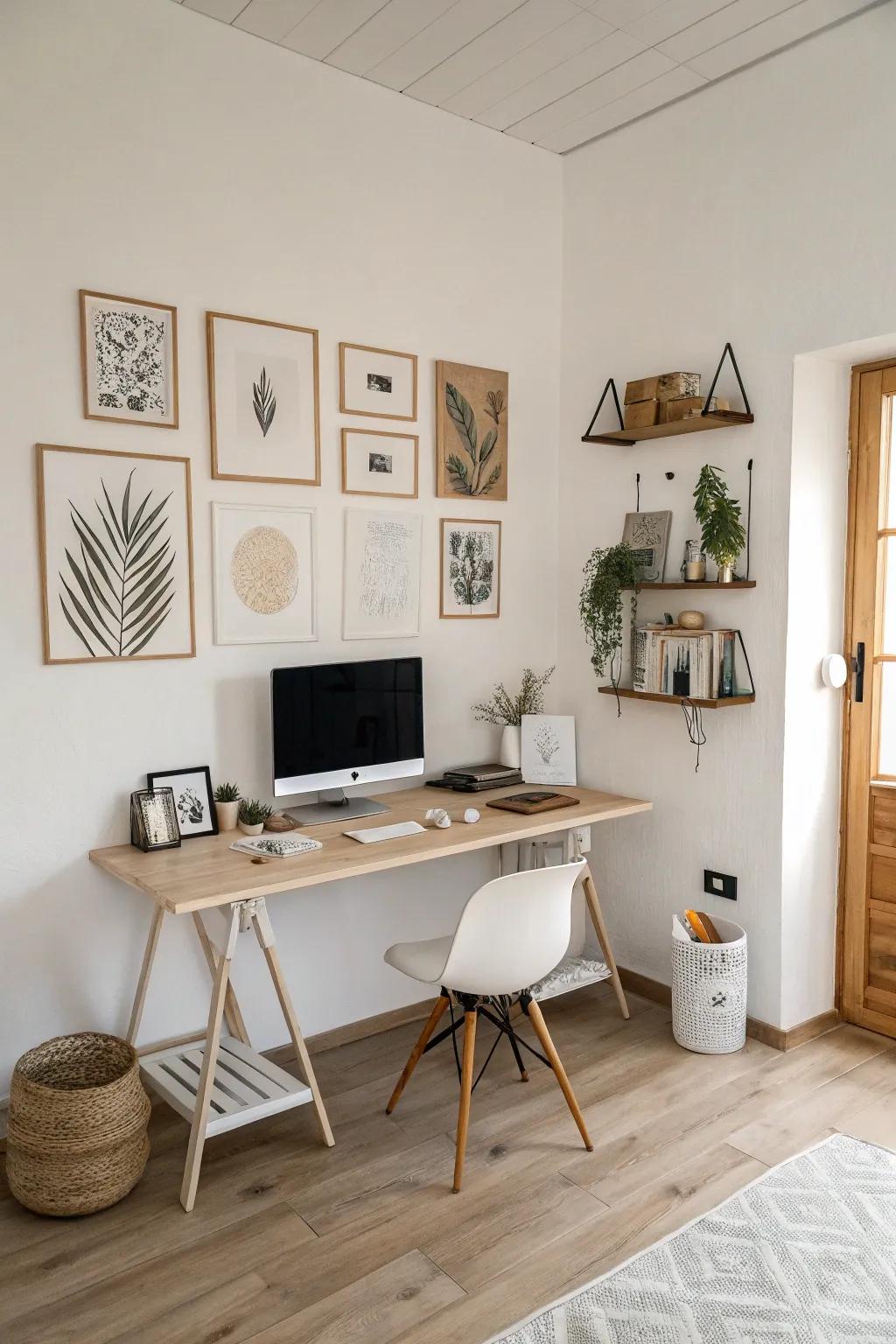A wall-mounted desk offers a compact and flexible workspace.