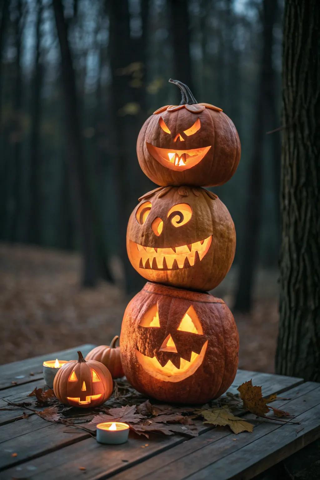 Ghostly Towers: Elevate your Halloween with this hauntingly artistic pumpkin stack!